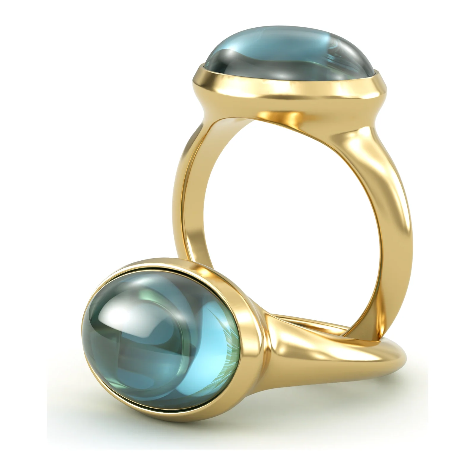 A blue topaz cabochon ring in yellow gold