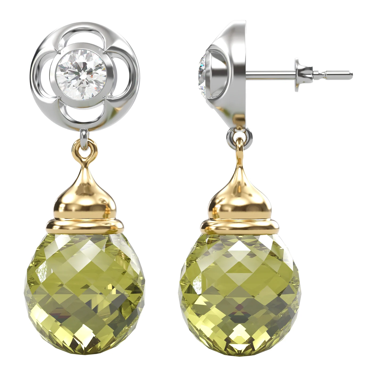 A pair of lemon quartz drop earrings in white gold